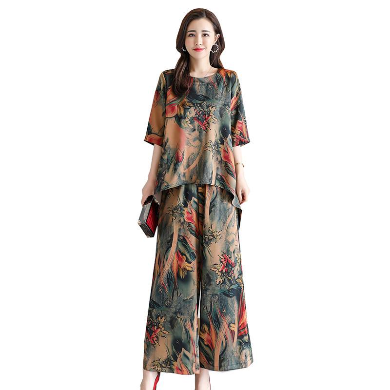 Ensemble rétro d'été ample imprimé pour femme Haut à manches courtes + Pantalon large Grand ensemble décontracté deux pièces