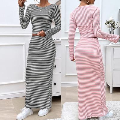 Dames Tweedelige Sets Sexy Elegante Gestreepte Gebreide Crop Top met Lange Mouwen en Lange Rok Set Nieuwe Mode Casual Sets