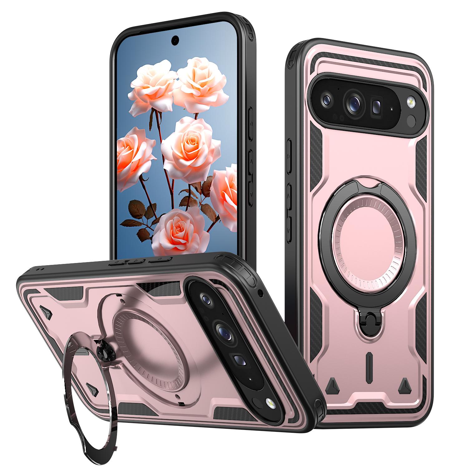 

Premium Car 360°rotate Bracket Armor Phone Cases for Google Pixel 10 9 Pro XL 9A Drop Proof Magnetic Charging Protector Cover Google Pixel 9 Pro XL розового золота