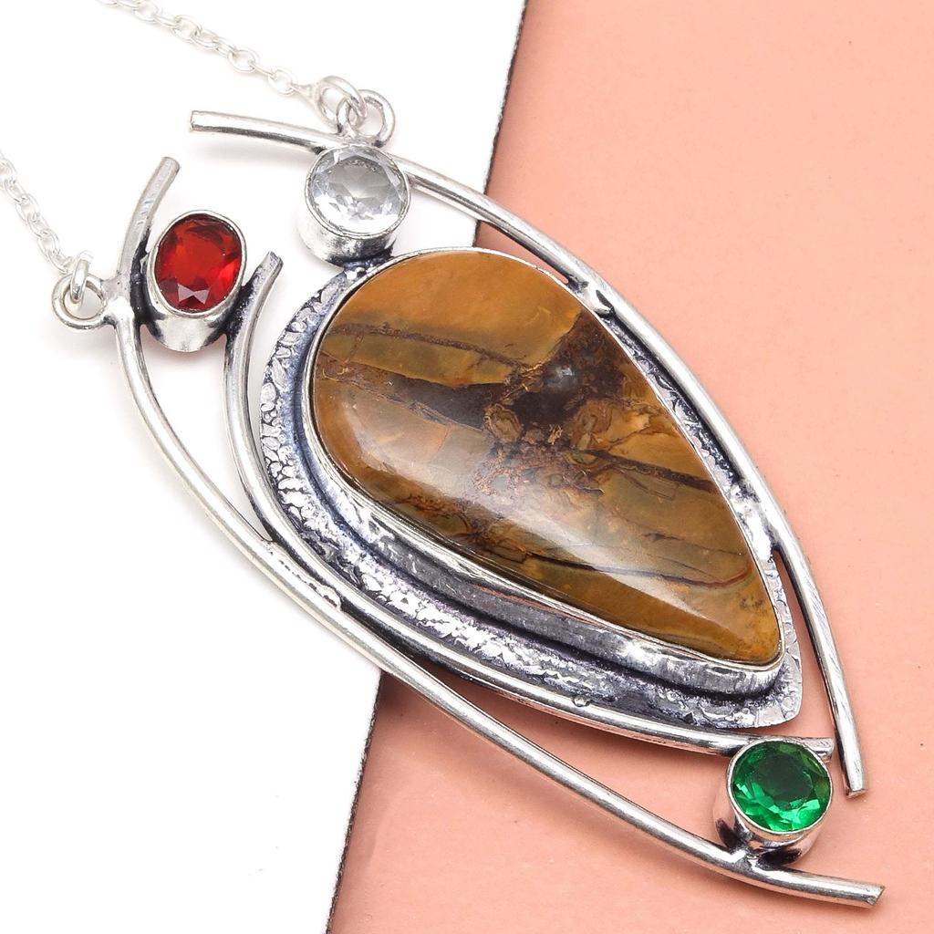 Yellow Jasper Emerald Gemstone Mother's Day Silver Jewelry Necklace 20 in