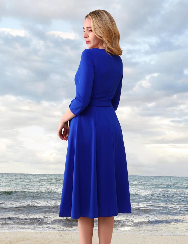 Garden Collar Seven-Sleeve Women's Evening Gown with Wide Hem Skirt - Solid Color Vacation Dress