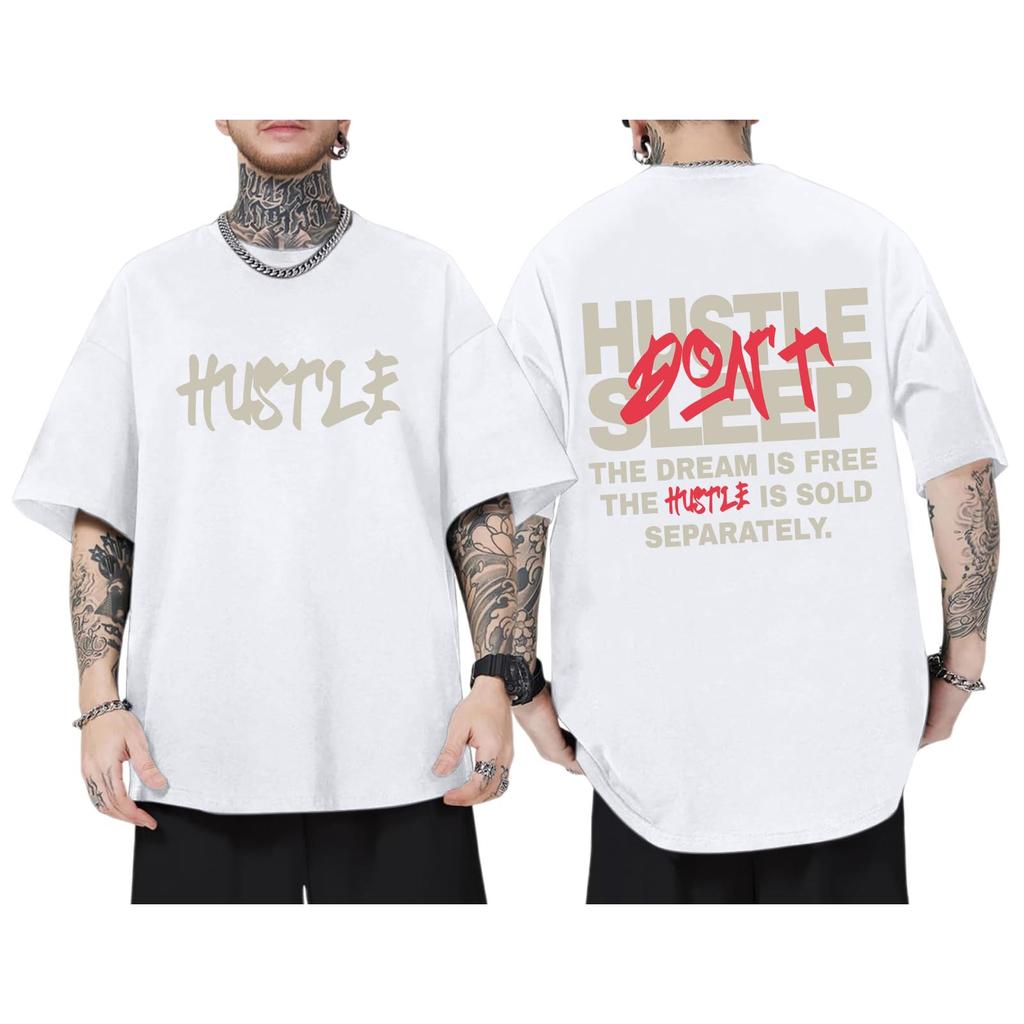 Men's "Hustle" Themed Motivational Quote Tee, Urban Streetwear Oversized Short Sleeve Top