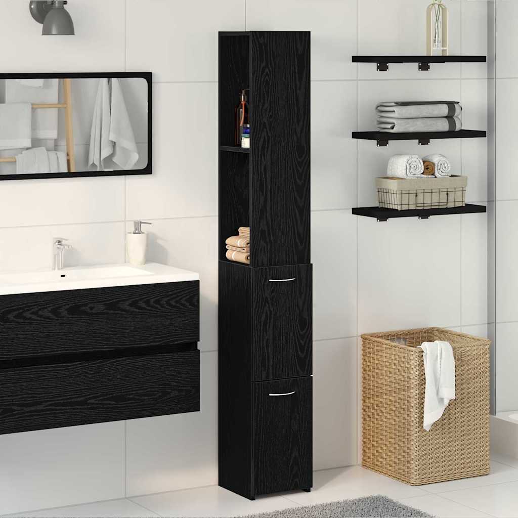Bathroom Cabinet with Door Black Oak Effect 25 x 25 x 170 cm