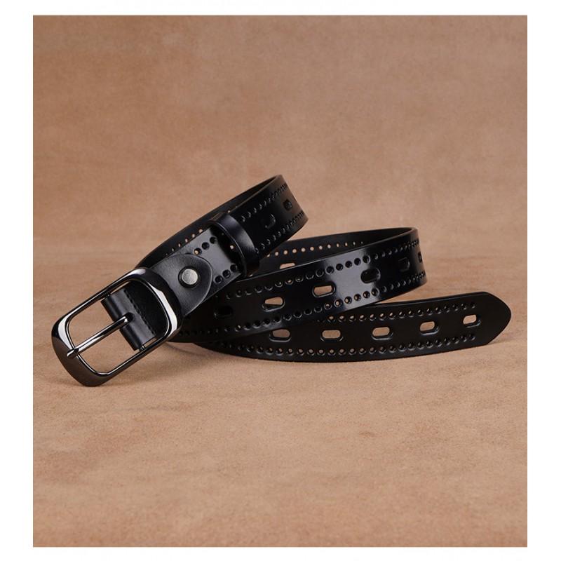 Womens Genuine Leather Belt With Hollow Design Slim Width 2-4cm Adjustable Length Black Coffee Business Casual Pants Jeans