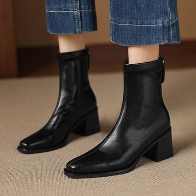 New Women's Versatile Large Size Leather Boots Rear Zipper Solid Color Rubber Sole Martin Boots Women's High Heel Medium Tube Square Heel Women's Boo