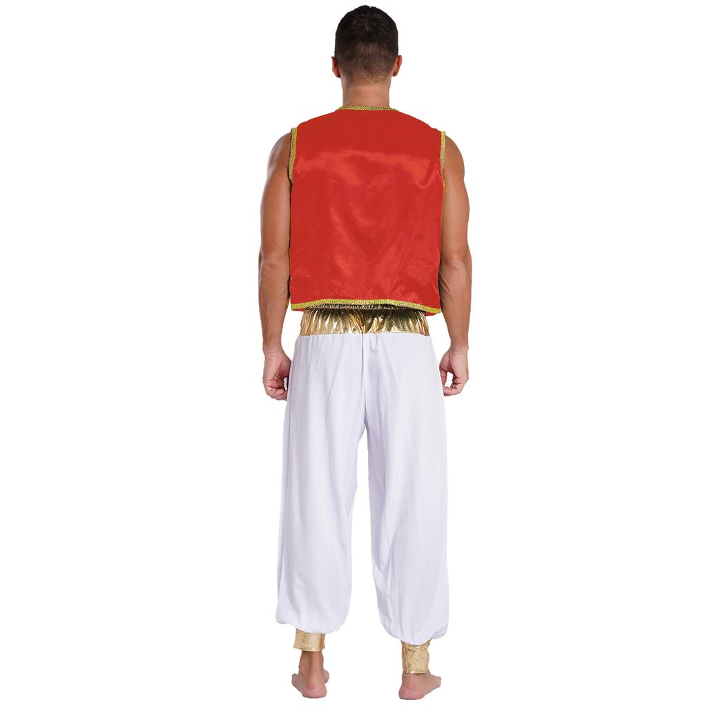 Mens Arabian Prince Costume Set Sleeveless Braided Trimming Open Front Waistcoat Elastic Waistband Patchwork Pants