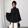 Women Elegant Stand Collar Belted Cape Style Polyester Coat