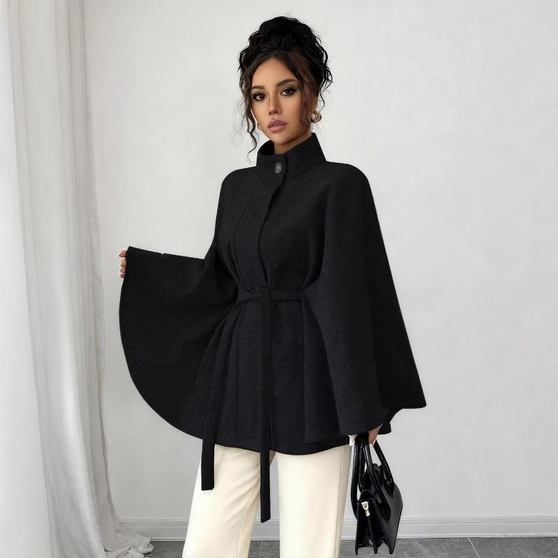 Women Elegant Stand Collar Belted Cape Style Polyester Coat