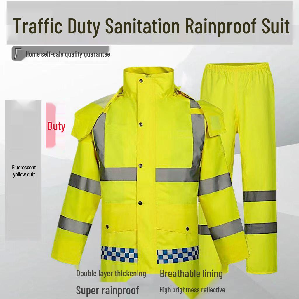 High-Visibility Raincoat & Pants Set: Road Duty Rescue Suit for Traffic Safety and Security.
