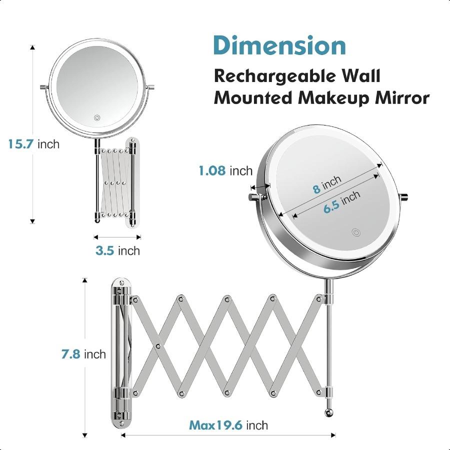 Rechargeable Wall Mounted Makeup Mirror 8 Inch Double Sided 1X 10X Magnifying Mirror with 3 Color Lights Dimmable Touch Screen