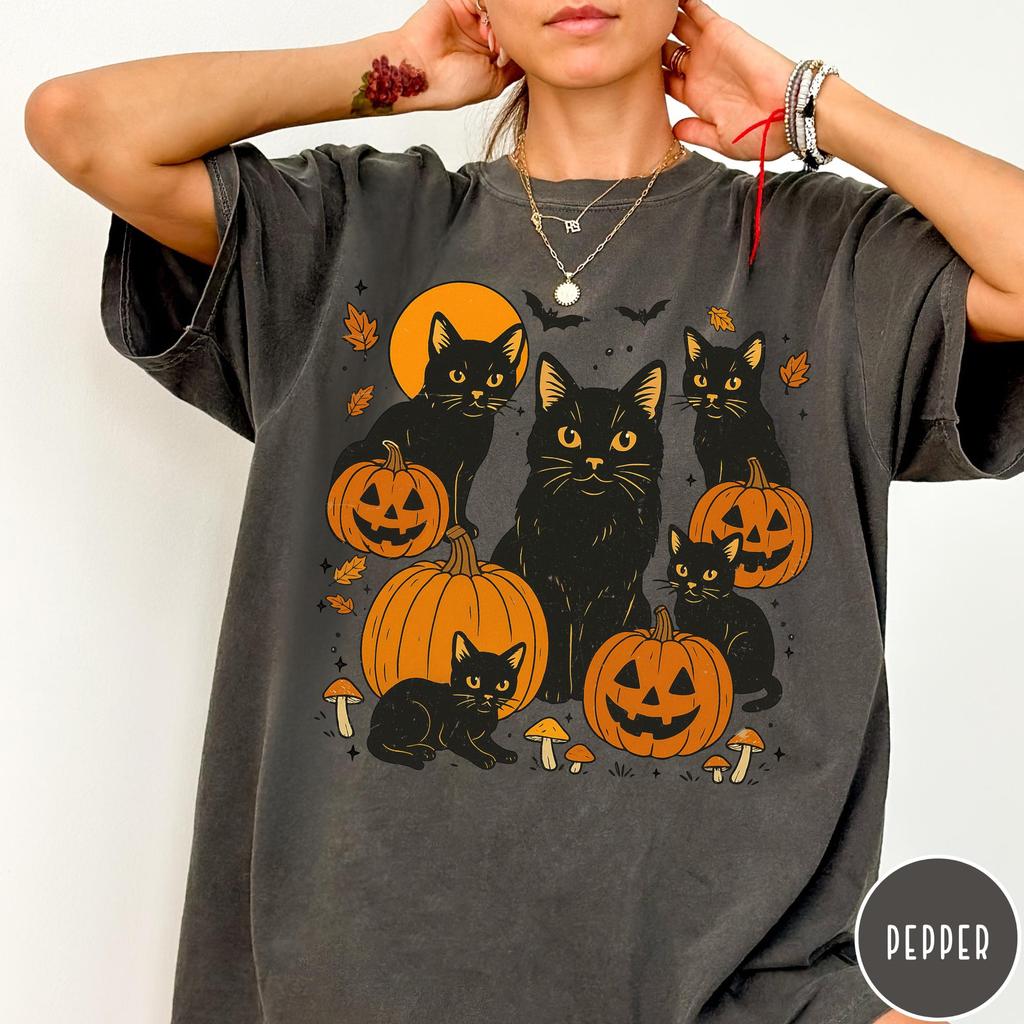 Black Cat & Pumpkins Shirt, Cat Halloween Tshirt, Retro Halloween Aesthetic, Women's Halloween Shirt, Black Cat Graphic Tee