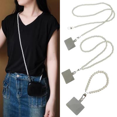 Mobile Phone Lanyard with Adjustable Chain Faux Pearl Beaded Crossbody Necklace Strap Anti-lost Wrist Strap for Phone Case Accessories