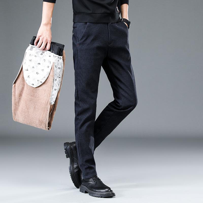 Pánské zimní silné teplé strečové ležérní kalhoty - plyšové, rovné, volného střihu, módní kalhoty