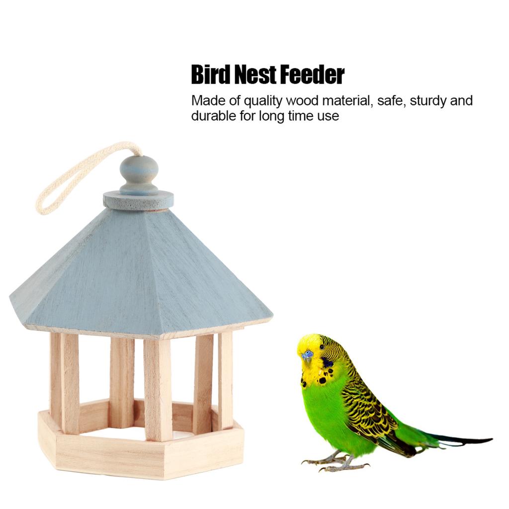 Outdoor Wooden Birds House Shaped Feeder Food Container with Hang Rope for Garden Park