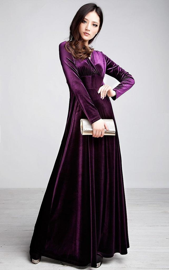 Platinum Liberty long perfect for parties and dance Velvet dress size V-neck, high-waisted, empire-waisted, maxi-length dress, halls. (purple, L).