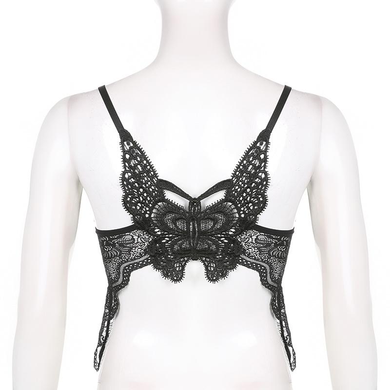 Gothic Black Mesh Butterfly Cropped Tank Top Lace Vest Tops Backless Sexy