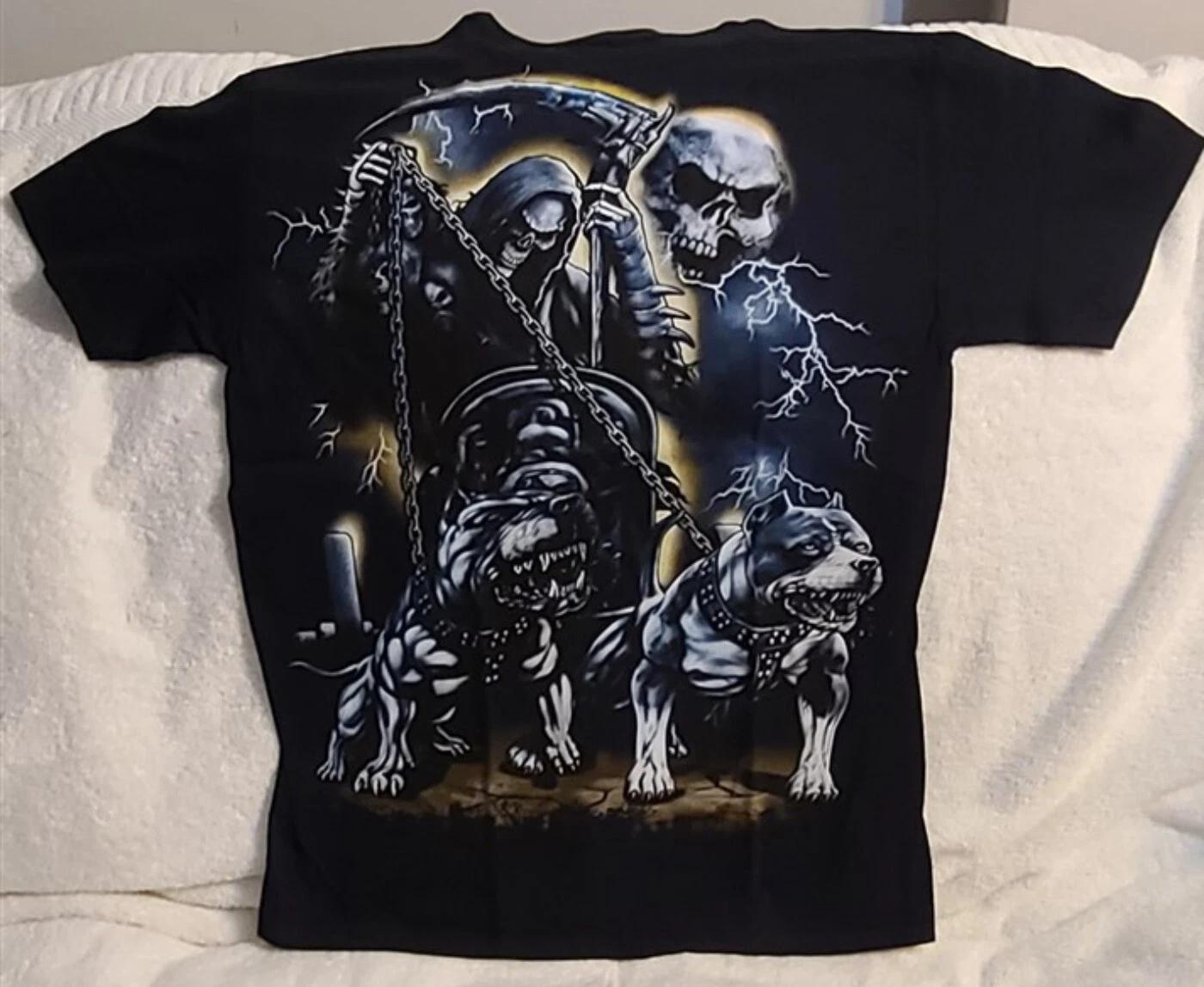 GRIM REAPER SCYTHE PITBULL DOG SKULL LIGHTNING GRAVEYARD SANTA MUERTE T-shirt S