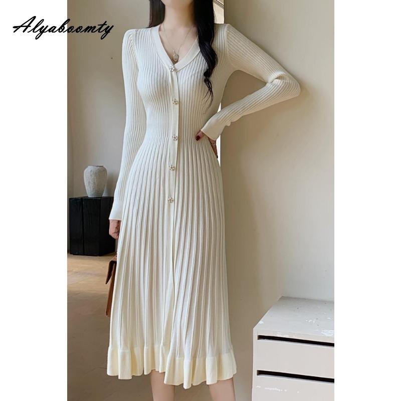 

Корейский стиль осень-зима женское платье-свитер миди с V-образным вырезом бежево-черное трикотажное теплое толстое платье элегантное женственное женское трикотажное платье One Size