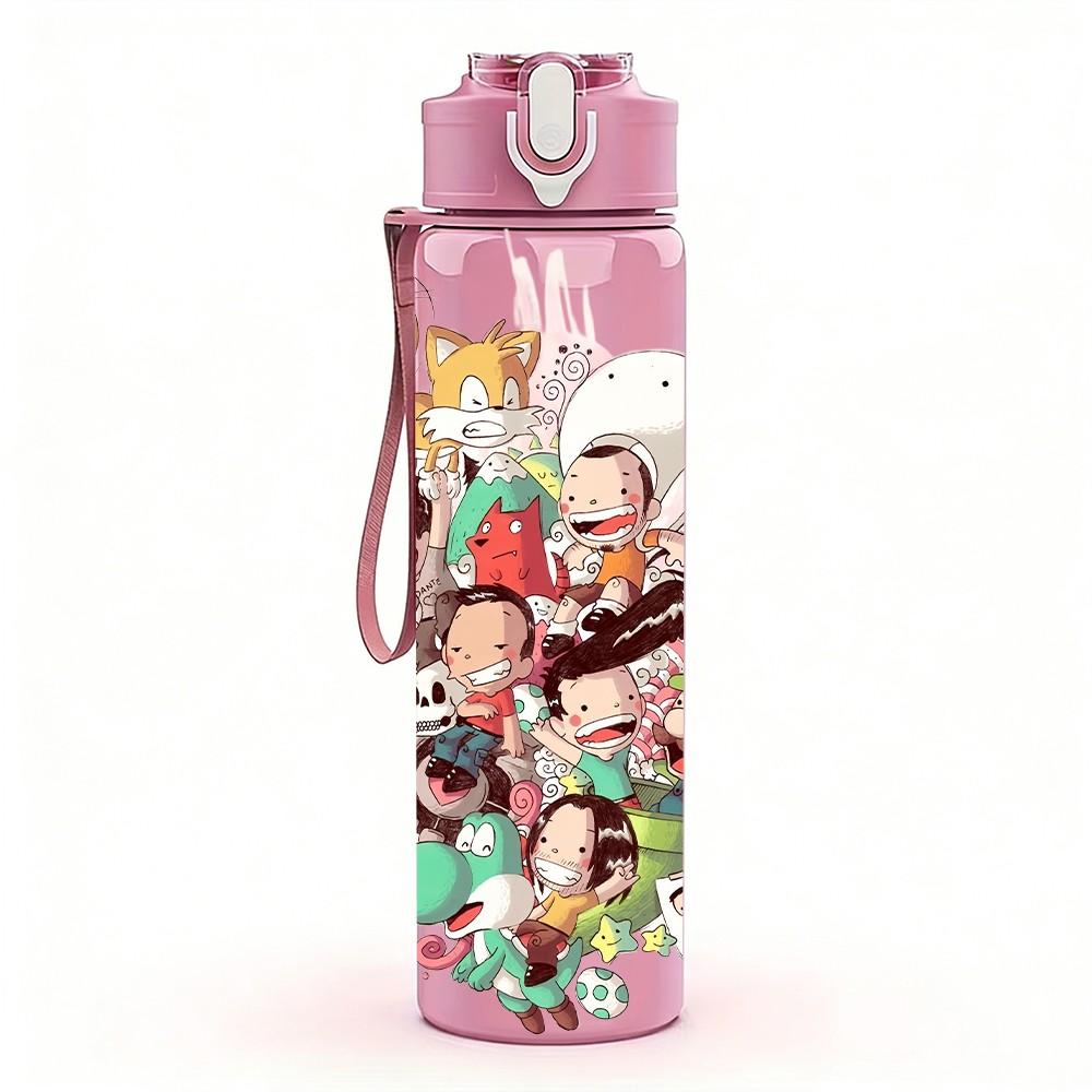 1PC Kids Group Gathering Cartoon 750ml Color Plastic Sports Water Bottle Leakproof Flip Straw Lid Suitable for Sports Office Home Use
