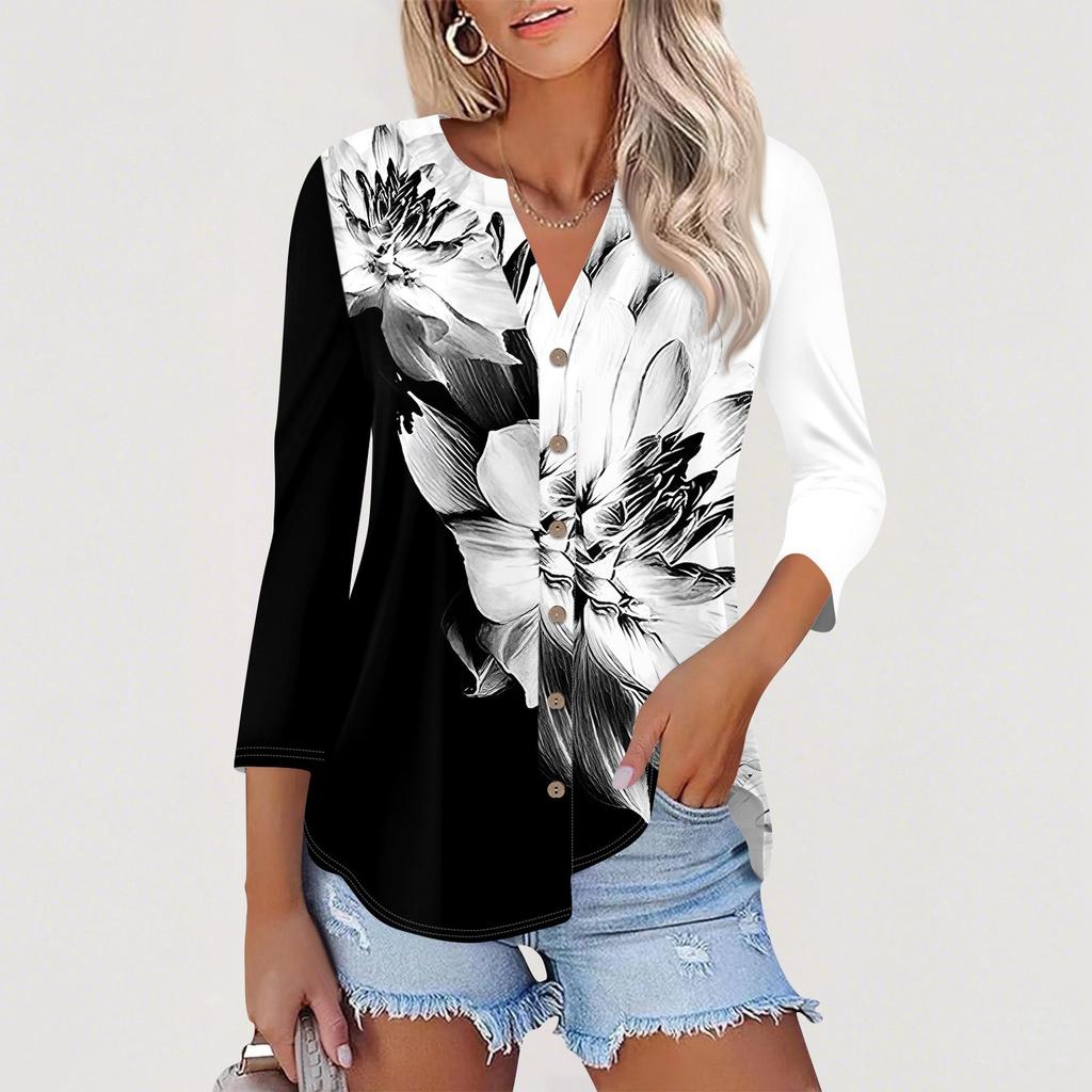 Women's Button Down Cardigan T Shirts 3/4 Sleeve V Neck Tees Casual  Fashion Printed T-shirt Tops