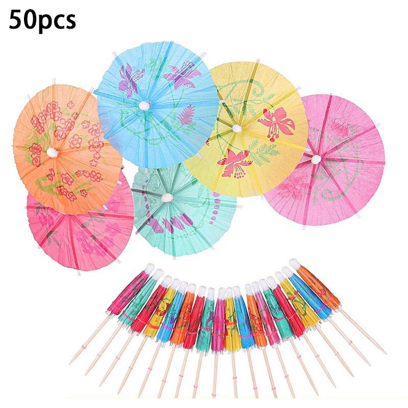 50Pcs Tropical Palm Tree Paper Umbrella Cocktail Food Fruit Picks Cupcake Toppers Hawaiian Birthday Party Wedding Decorations