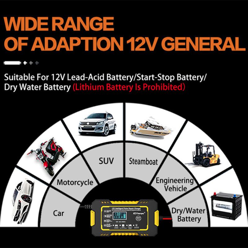 Car Battery Charger 12V 6A Touch Screen Pulse Repair LCD For Auto Moto Fast Power Charging Wet Dry Lead Acid Digital LCD Display