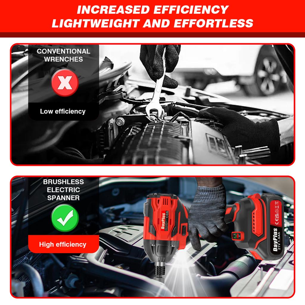 DayPlus 2 IN 1 Cordless Impact Wrench,1/2" Driver Brushless Power Impact Gun,2500RPM Electric Wrench, Max Torque 1500Nm+Battery