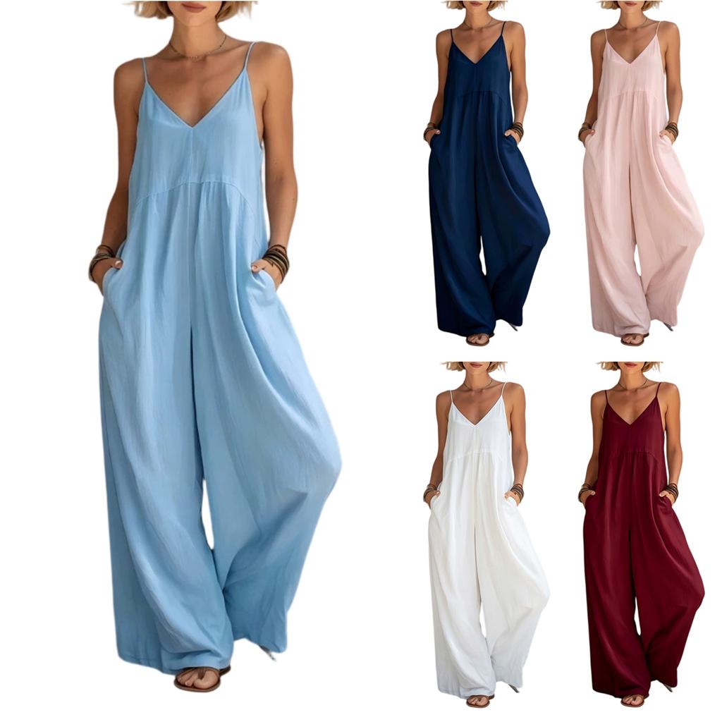Damen Ärmelloser V-Ausschnitt Weiter Bein Lockerer Jumpsuit Lässiger Sommer-Strampler mit Taschen Leichtes Bequemes Design