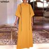 VONDA Women Lapel Neck Long Sleeve Embroidery Hem Casual Long Elegant Shirts Dress