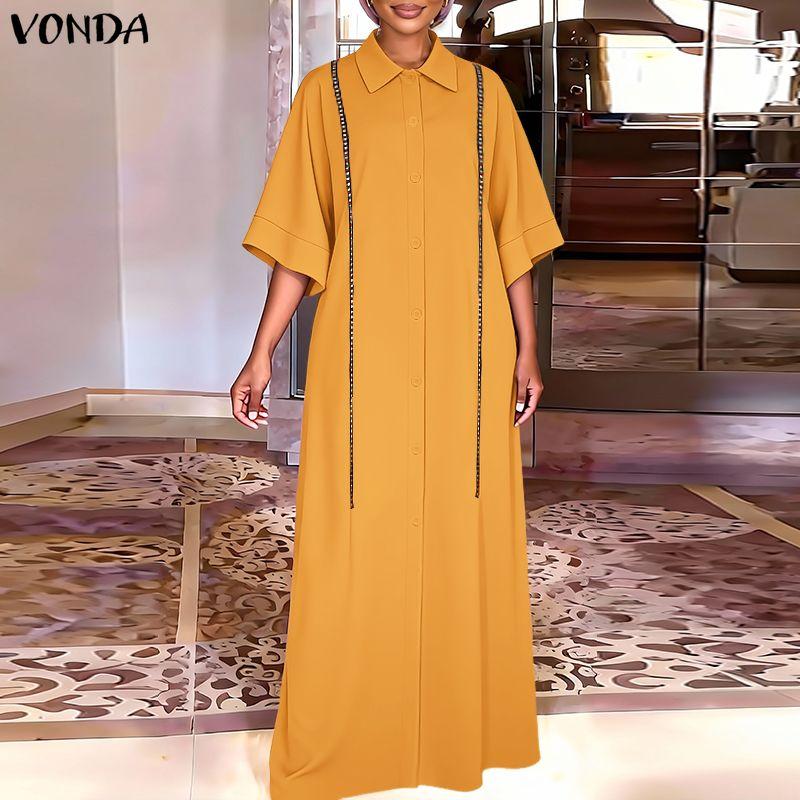 VONDA Women Lapel Neck Long Sleeve Embroidery Hem Casual Long Elegant Shirts Dress