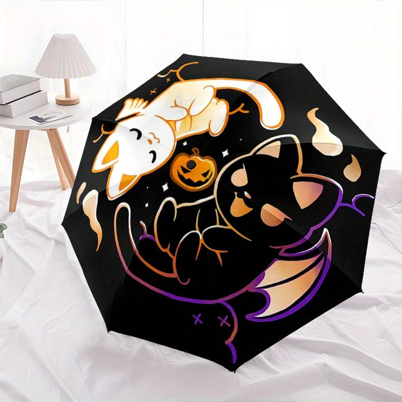 1pc Halloween White Cat & Black Cat Automatic Opening and Closing Umbrella - Lightweight 3-Fold Design, Suitable for Fans, Travel, Daily Use - Of
