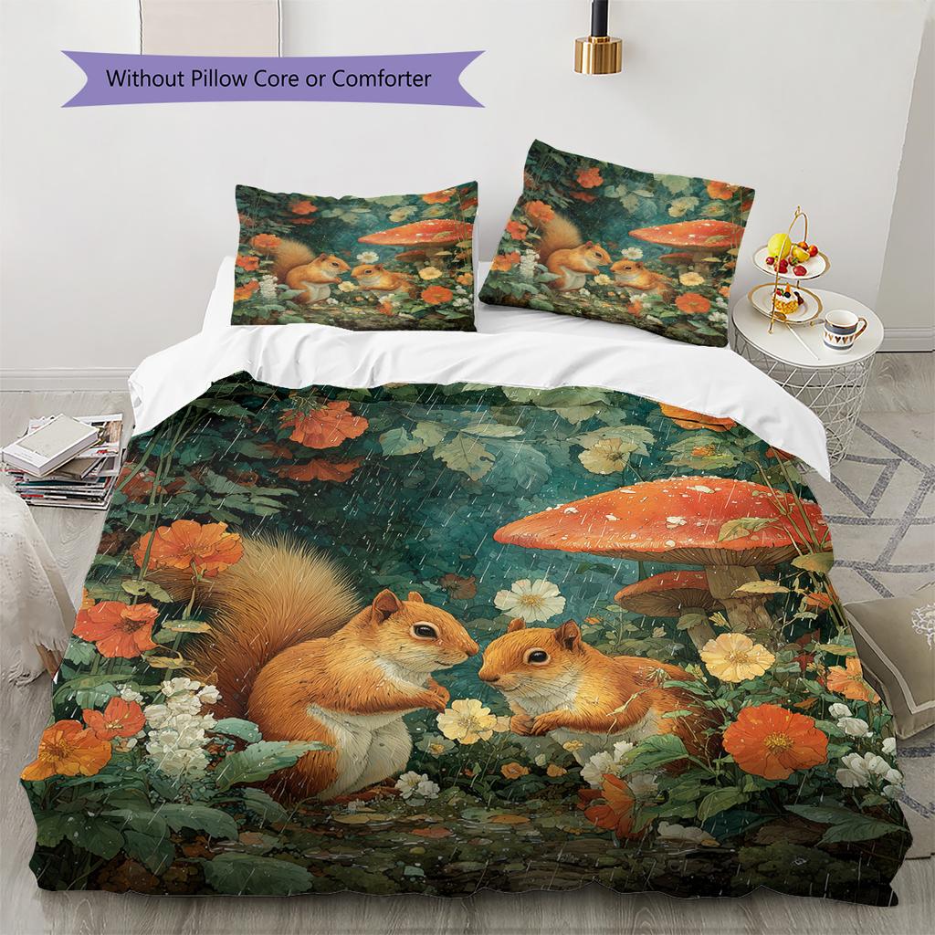 Mushroom Squirrel Pattern Bedding Quilt Set Quilt Cover Pillowcase Home Decoration Gift (1 * duvet cover + 2 * pillowcase, without core)