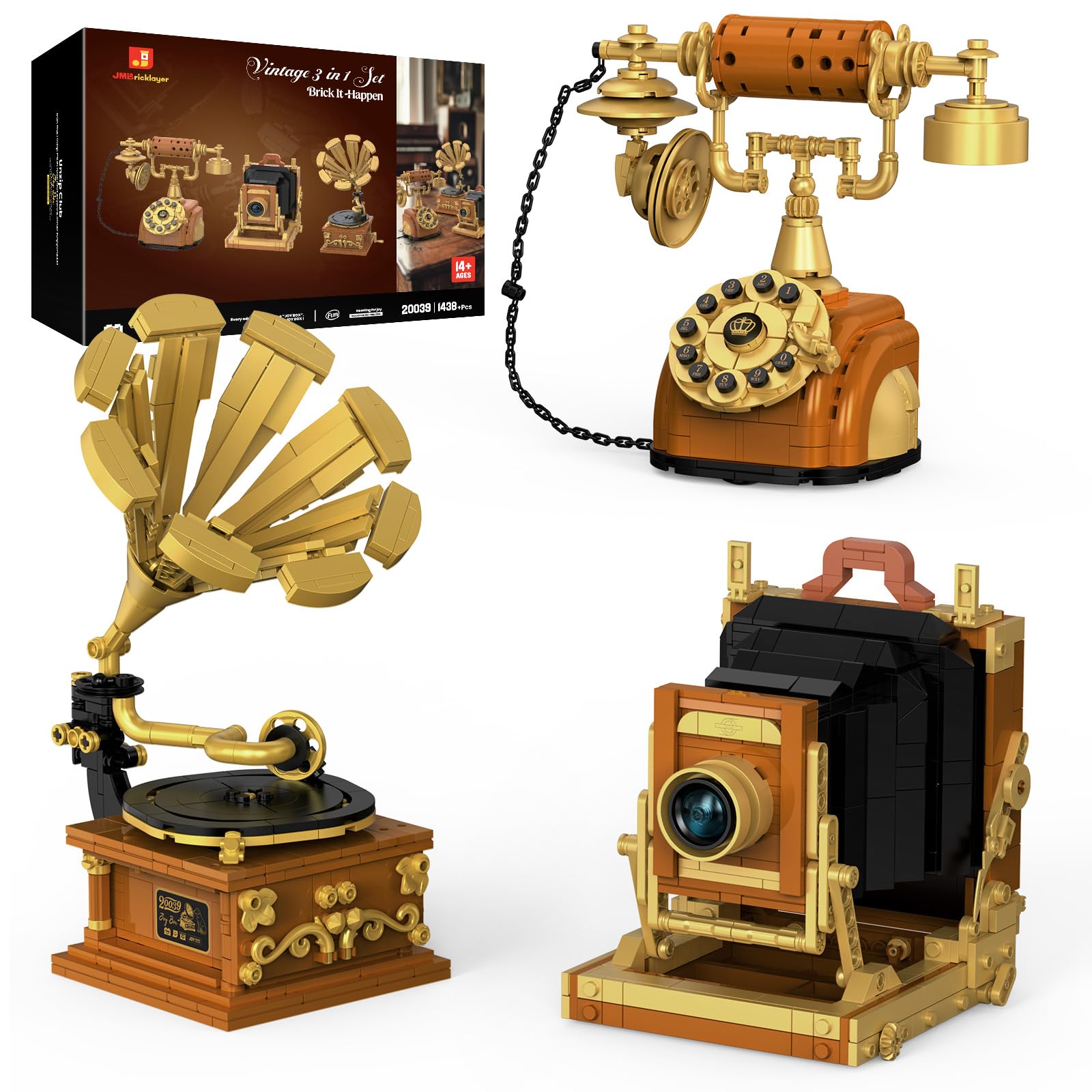 

JMBricklayer Retro Camera, Telephone, and Gramophone Building Toy Set 20039, Vintage Building Blocks Set for Adults, 3-in-1 Vintage Display Model for