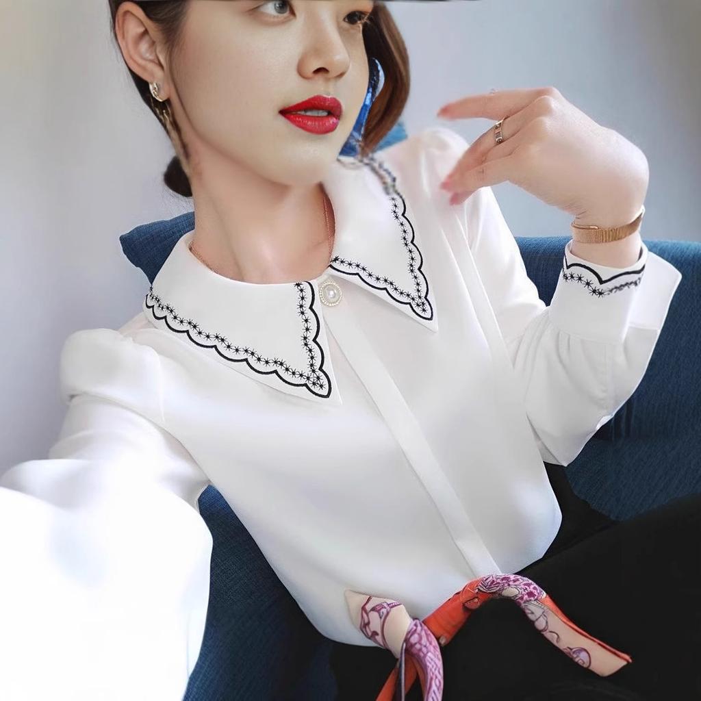 Women's Chiffon Shirt Long Sleeved Spring and Autumn Outfit Embroidered Collar Versatile Top