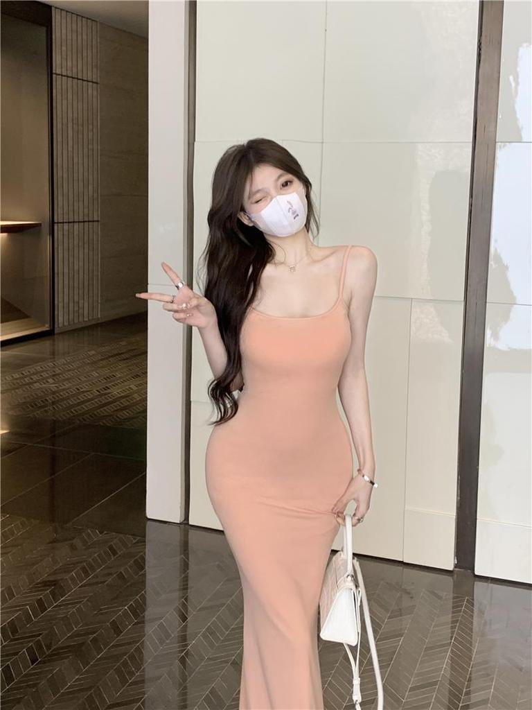 Pure Desire Style Sexy Peach Pink Dress Women's Summer Inner with Bottom Suspender Long Dress Tight Fish Tail Hip Skirt