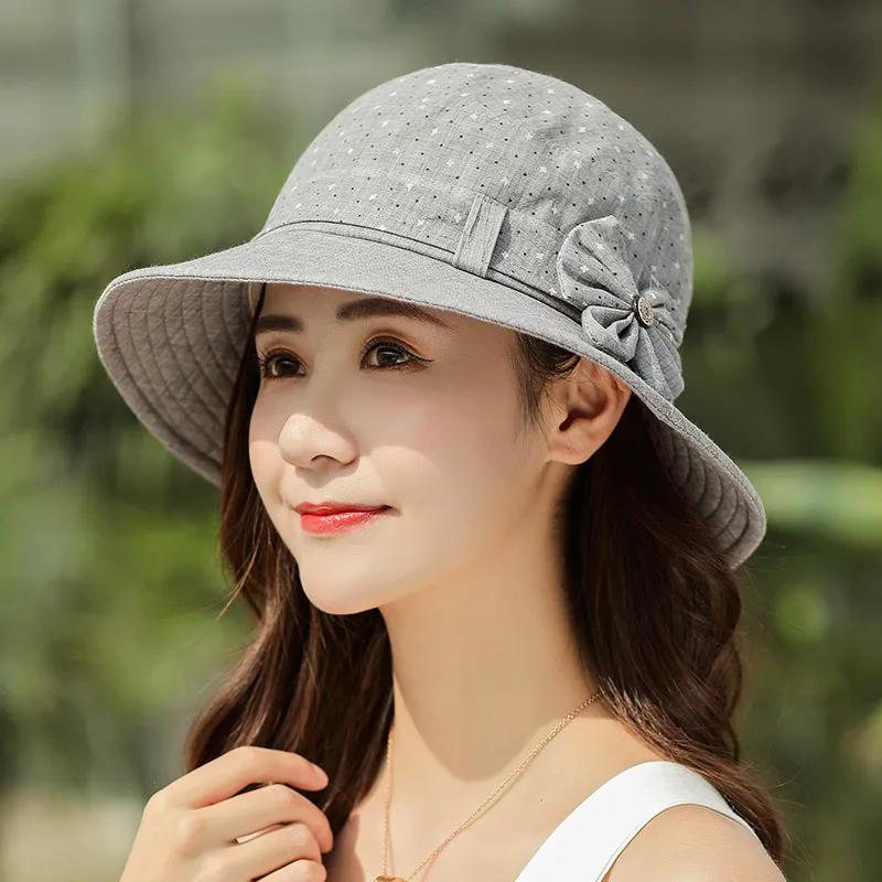 WTEMPO Solid Color Dot Printed Fabric Sun Hats Women Spring Summer Wide Brim Outdoor Breathable Foldable Sunscreen Bucket  Hats with Wind-proof Rope