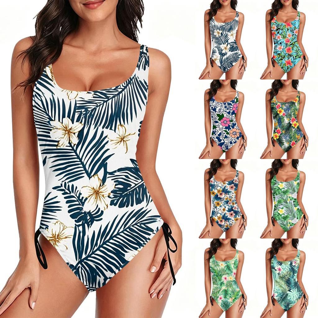 Swimsuit for Women Tropical Floral Print Bathing Suit with Adjustable Side Drawstring Scoop Neck Swimwear