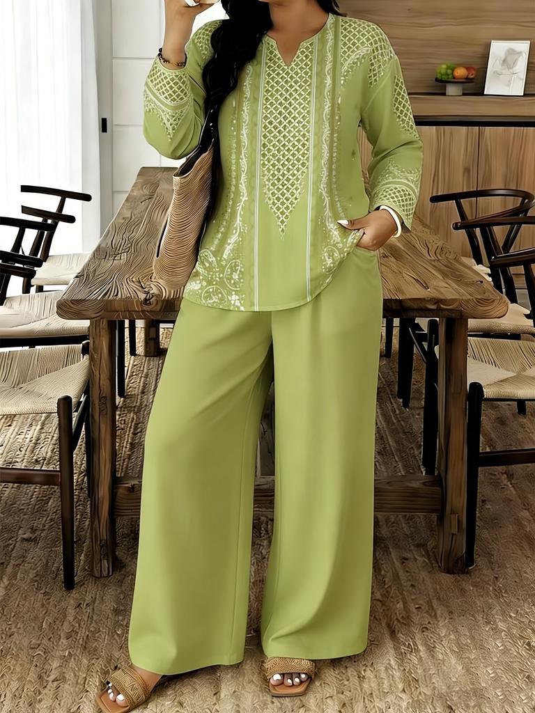 1116 European and American Geometric Printing V-neck Shirt High Waist Drape Wide Leg Pants Complete Set of Women's Clothing