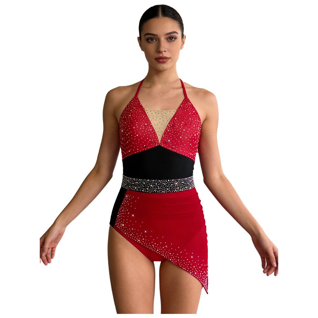Womens Figure Skating Sling Bodysuit Sparkle Rhinestone Ruched Irregular Mesh Overlay Color Block Leotard