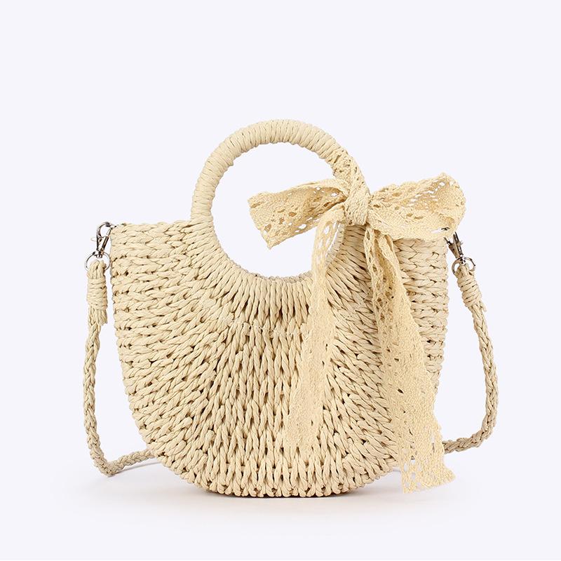 CLE Modieuze Rieten Mand Tas Dames Enkele Schouder Diagonaal Kruis Handgemaakt Geweven Gras Tas Casual Reisstijl Kleine Tas  23*18*7cm beige