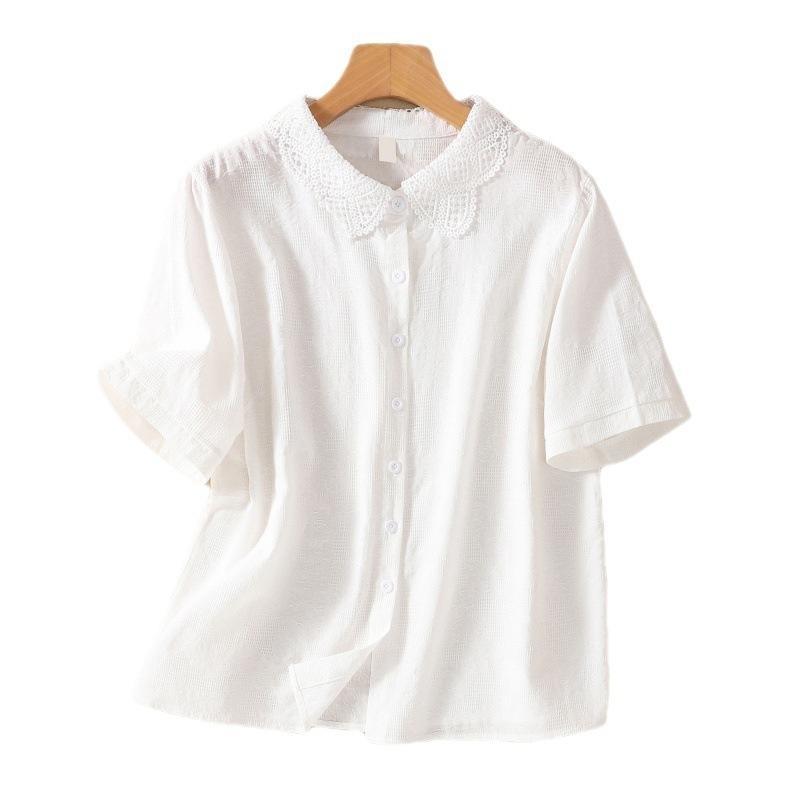 Camicia da donna estiva taglie forti Top a maniche corte in jacquard di cotone tinta unita letterario