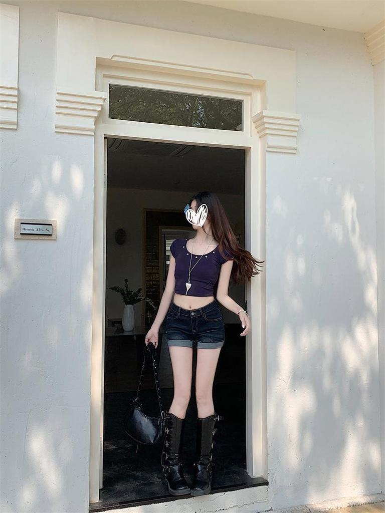 Spicy Girl Retro Deep Blue Cuffed Women's Denim Shorts - 2025 Summer Slim Fit