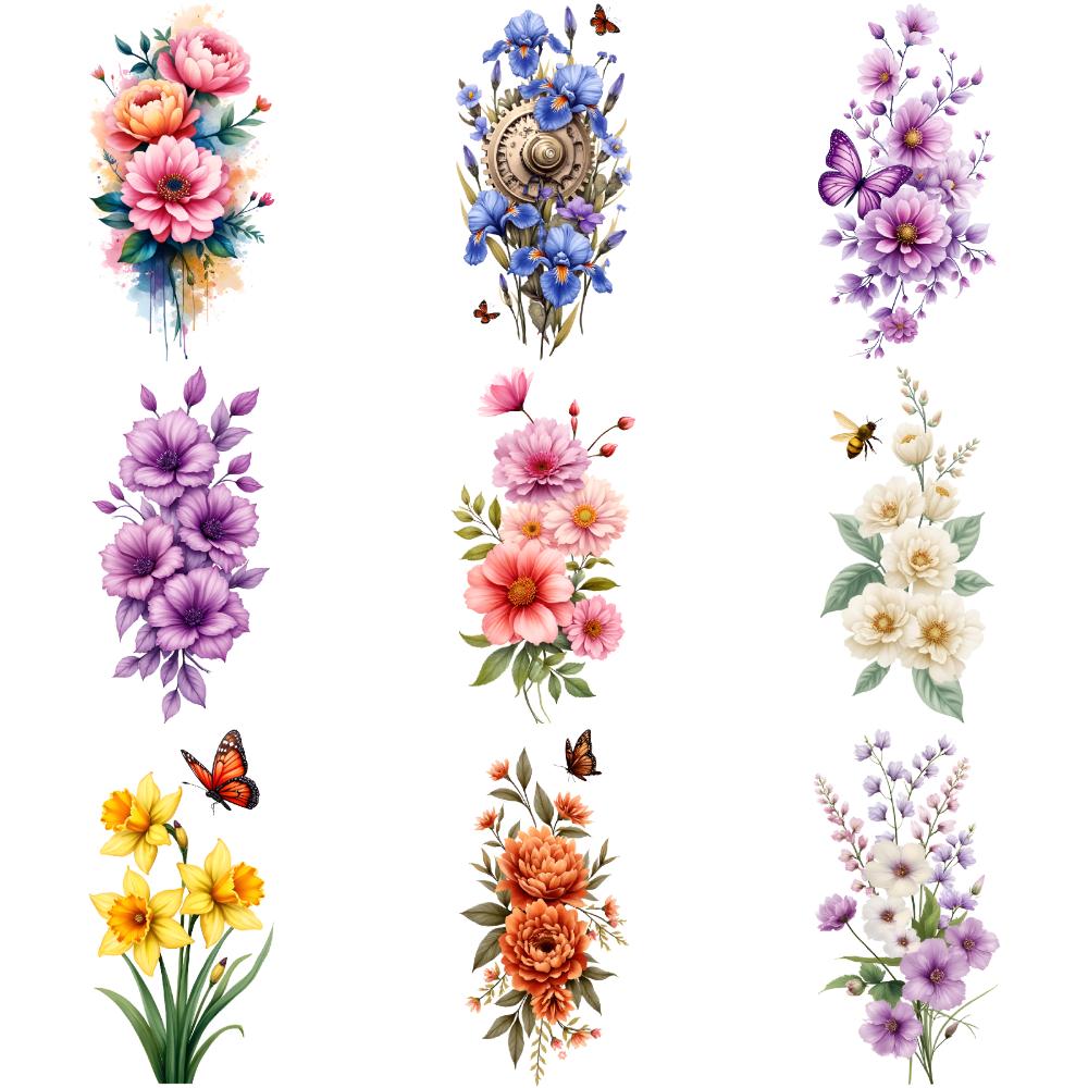 9pcs Temporary Tattoo Floral Arrangement With Hummingbird Colorful Peacock And Flowers Green Flower With Butterfly For