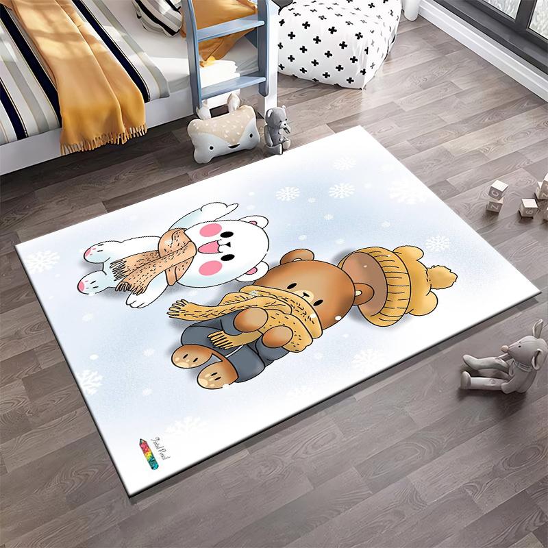 Cartoon Winter-Themed Carpet with Cute Bears In Scarves and Snowflake Background. Suitable for Use As an Anti-slip1 For1room and Bedroom Sofas