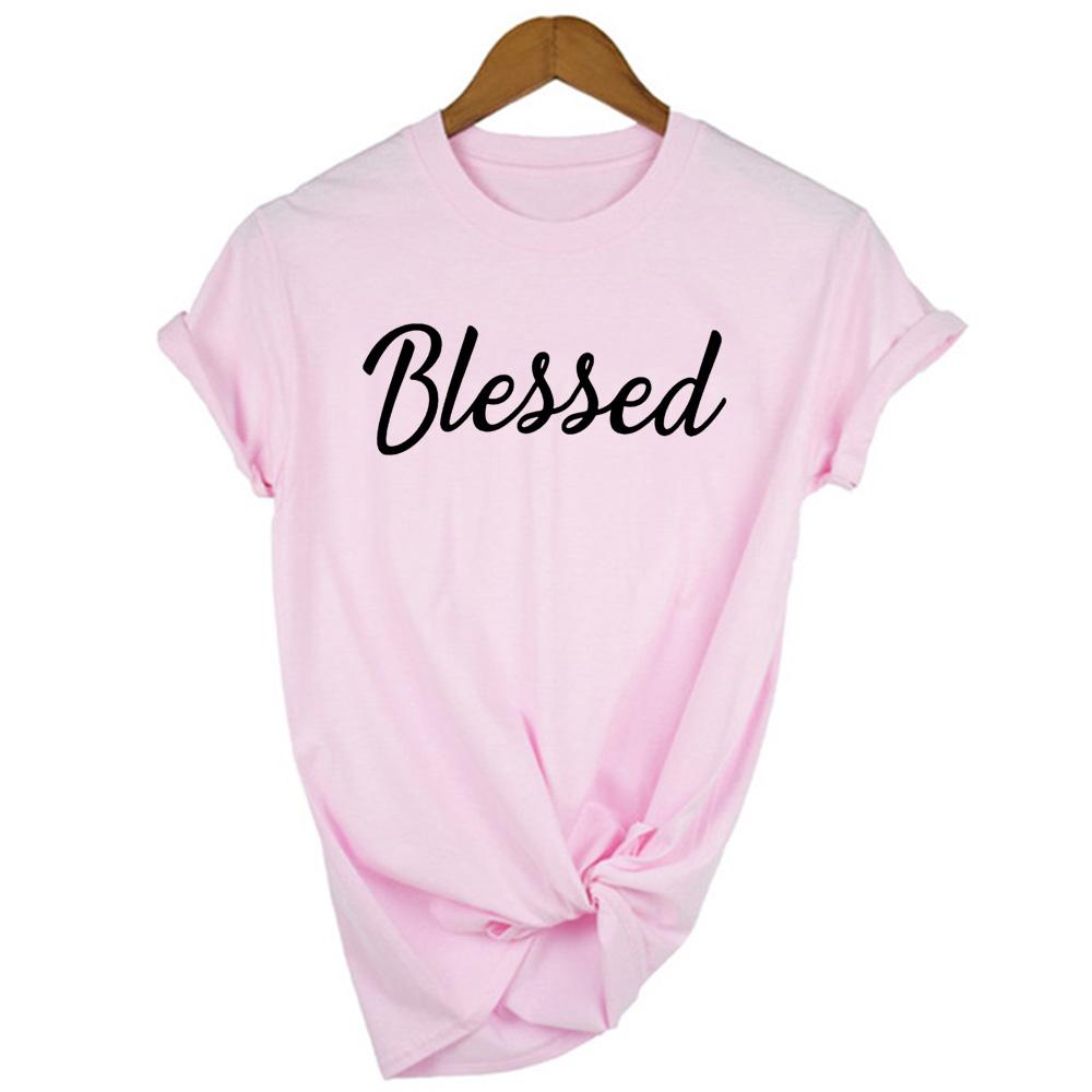 Blessed Letters Print Women Tshirt With Inscriptions T Shirts Vintage Top Tee Fashion Female Harajuku