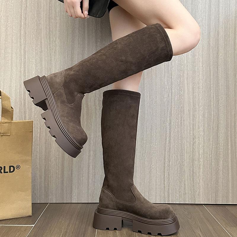Fashion Winter Platform Thick Heel Woman Knee High Boot Concise Slip On Shoes Ladies Punk Style Knight Long Booties