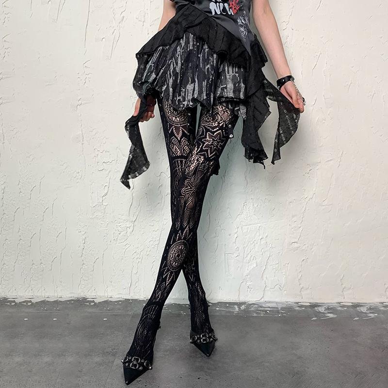 Womens Patterned Y2K Fishnet Tights Women Lace Black Fish Net Stockings High Waist Floral Pantyhose Gothic Witch Party