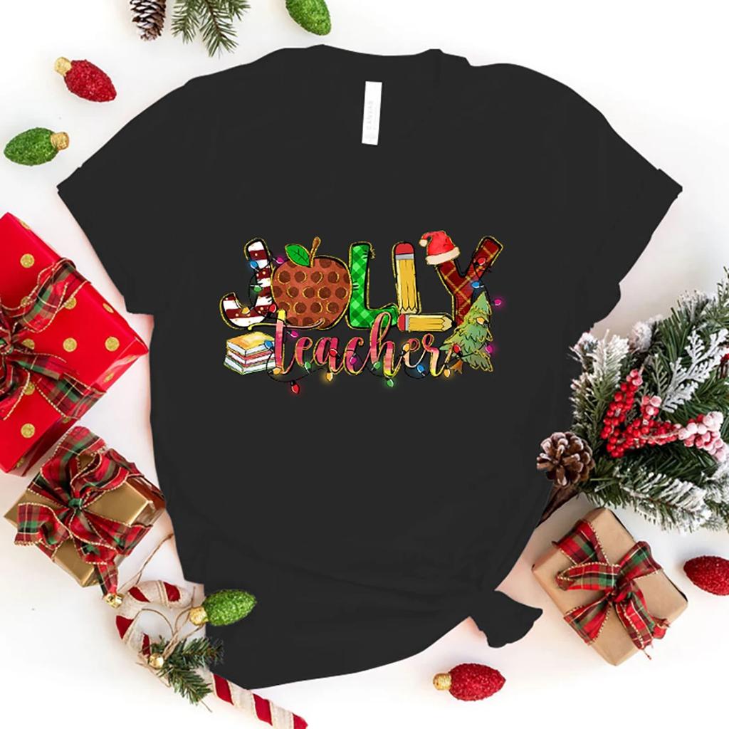 Funny Christmas Jolly Teacher Letter Printing T-Shirts For Women Summer Tee Shirt Femme Casual Short Sleeve Round Neck Tops