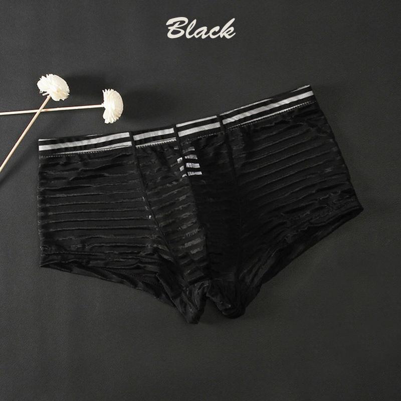 Men Sexy Bulge Pouch Underpants Striped Ultra-Thin Low-Waist Transparent Mesh Boxer Ice Silk