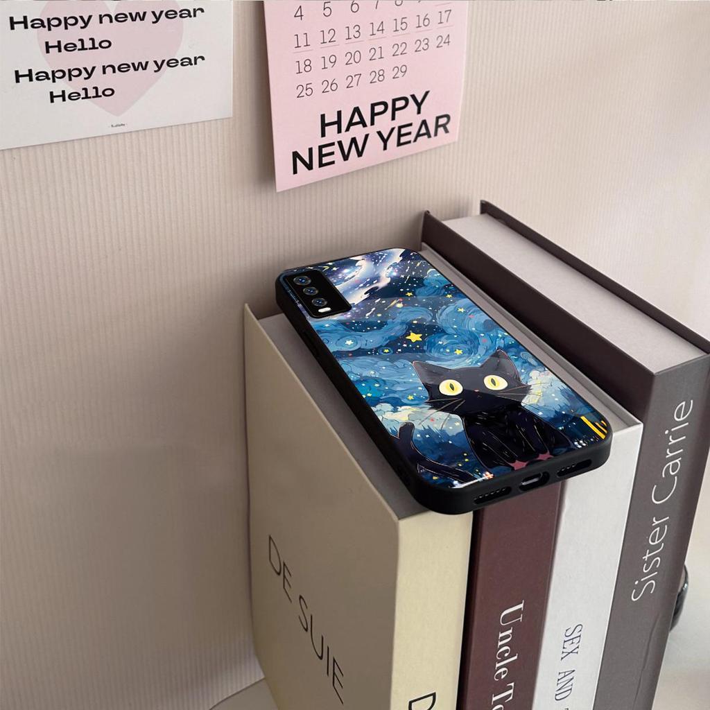 Case for Vivo Y20s G Y20i 2021 Y20 Y12s Y12A Anime Black Cat Starry Cloud Print Phone Cover Acrylic Hard Back Shell With Flexible TPU Edge